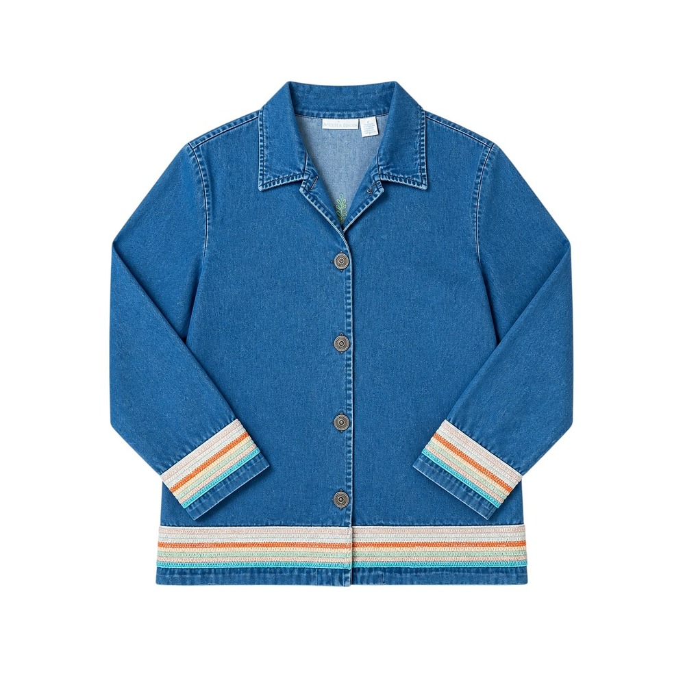 Mark, Fore & Strike Womens Denim Jacket Blue Floral Embroidered Crochet Trim